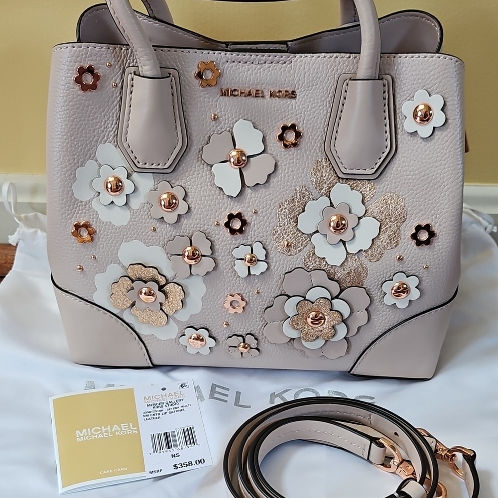 Michael Kors Floral Leather Satchel - Soft Pink and Rose Gold Accent.